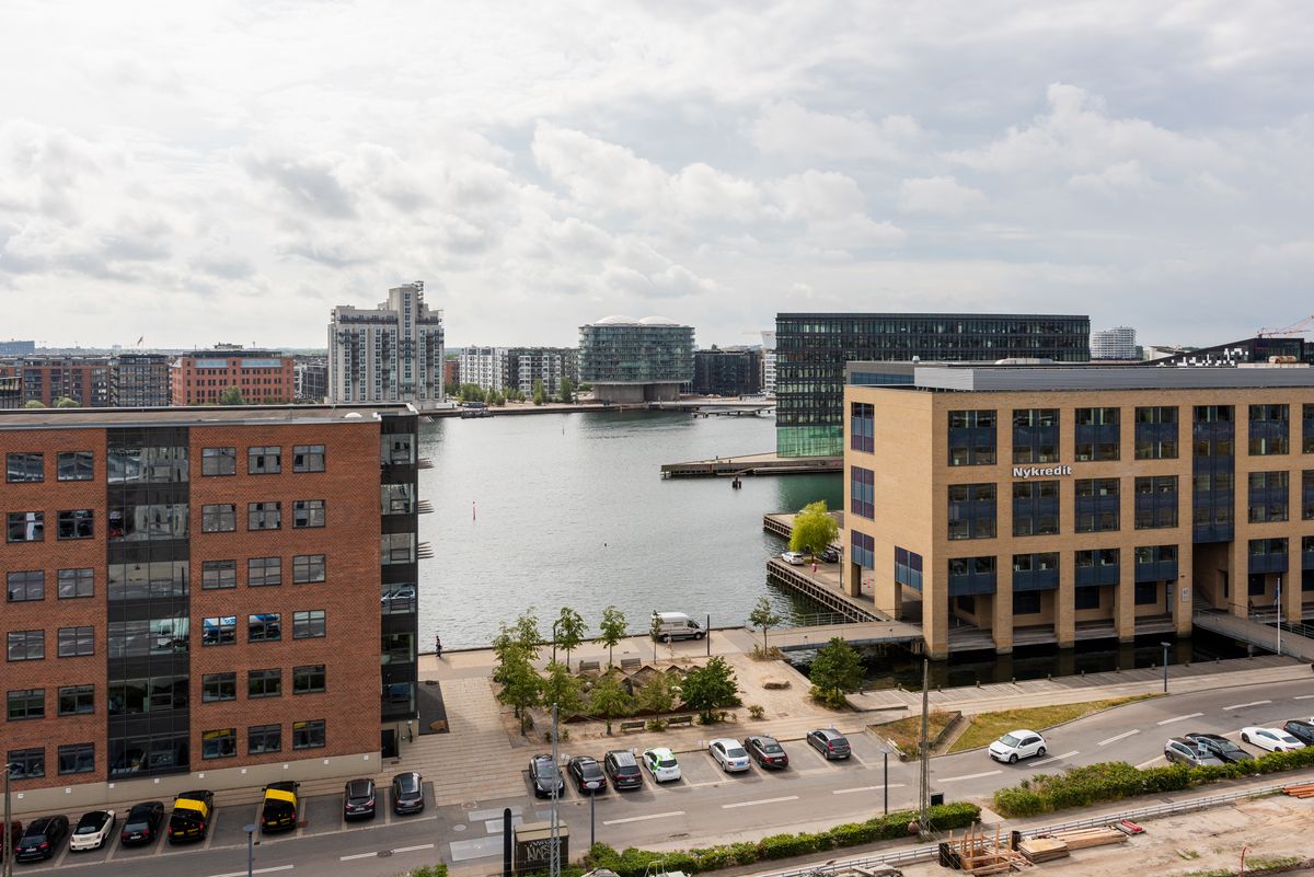 A view of Copenhagen harbour and nearby buildings from CABINN Copenhagen.